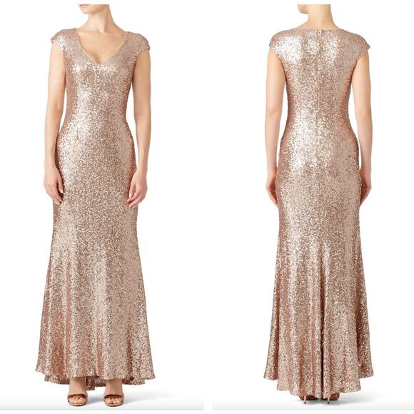 THEIA Kaylee Sequin Gown Maxi Dress Rose Gold Metallic {NN30} - Picture 1 of 8